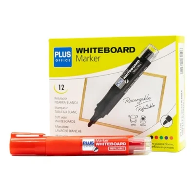 Imagen de Plus Office 12 Rotuladores de Pizarra Blanca con Tinta Liquida Recargable, Punta 2mm, Ideal para Escribir en Cristal, y Otras Superficies Lisas, Borrable (Rojo, Rotulador)
