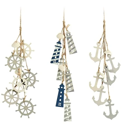 Imagen de com four® 3X Decoración Colgante Marítimo para Colgar Volante, Ancla y Faro con Conchas de Madera (3 Piezas Gris/Blanco/Azul)