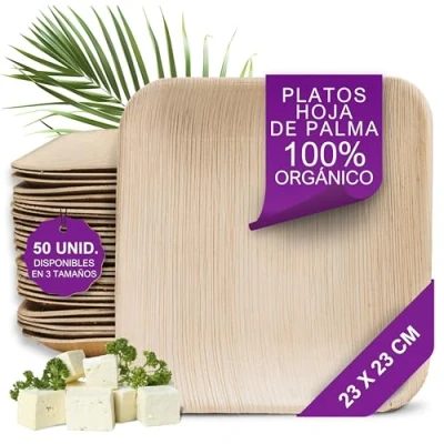Imagen de Waipur Platos Hoja de Palma Ecológicos 50 Desechables Cuadrados 23x23 cm Elegantes, Estable, Natural y Biodegradable Vajilla Descartable como Papel