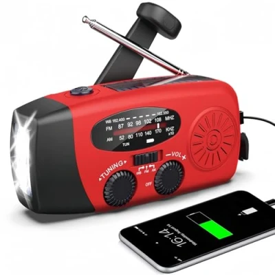 Imagen de Radio solar portátil con tiempo AM/FM/NOAA, generador de manivela, batería recargable 2000 mAh, cargador USB para teléfonos móviles, linterna LED, emergencias, camping, pesca (rojo)