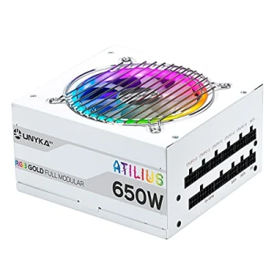 Imagen de UNYKAch Fuente de Alimentación ATX ATILIUS 650W White Full Modular con Iluminación RGB, Eficiencia del 90%, Ventilador 120 mm Ultrasilencioso y Protección contra Sobrecorriente