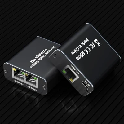 Imagen de Switch Ethernet 1 a 2,Divisor RJ45 de 100/1000Mbps con cable alimentación USB para Cat 5/5e/6/7/8, Splitter LAN Gigabit compatible dos dispositivos que funcionan simultáneamente
