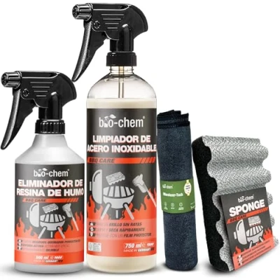 Imagen de bio chem Set de 4 Productos para la Barbacoa Producto Limpieza del Acero Inoxidable Eliminador Resina y Marcas Quemaduras Paño Microfibra Esponja