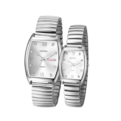 Imagen de JewelryWe Reloj de cuarzo para hombre, esfera grande, fácil leer, correa elástica en tono dorado/plateado, Navidad y Navidad, Pareja, plata oro, Adult