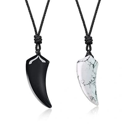 Imagen de COAI Collar para Parejas de Novios con Colgante Yin Yang Diente Lobo Howlita y Obsidiana Negra Piedra Natural