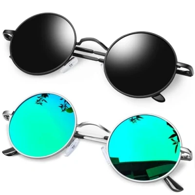 Imagen de KANASTAL 2 Gafas de Sol Polarizadas Hombres y Mujeres Redondas Lentes Negras Verde UV Protección Steampunk Retro Clásico Círculo Metálicas Negro + Espejo