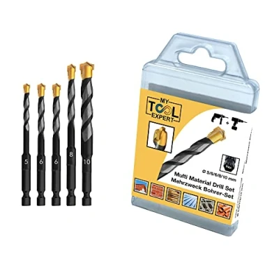 Imagen de Ultimate Professional Juego de 5 brocas multimaterial (5,6,6,8,10 mm, Hex 9, giratorias y impacto multiusos, para ladrillos, azulejos, madera, plástico, metal