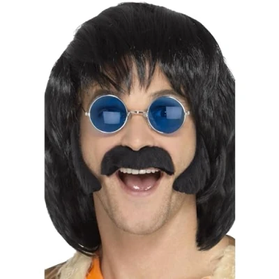 Imagen de Smiffys Kit disfraz de hippie, negro, con patillas y bigote, autoadhesivo