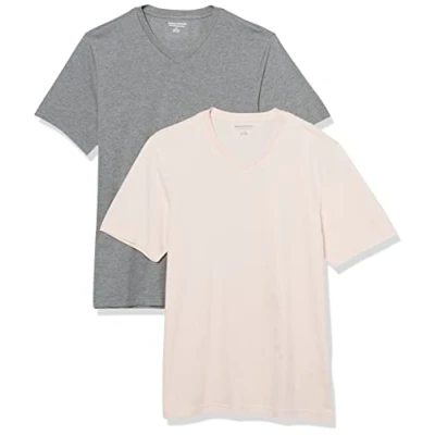 Imagen de Amazon Essentials Camisetas de Cuello en v Manga Corta Hombre, Pack 2, Gris Mezcla/Rosa Pálido, XL