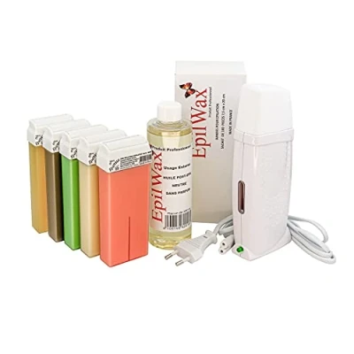 Imagen de Kit depilatorio EpilWax Royal completo con: Calentador de cera profesional 5 Roll On 100 ml abigarrada, tiras depilatorias, 250 aceite para después depilation (Royal abigarrada 5)