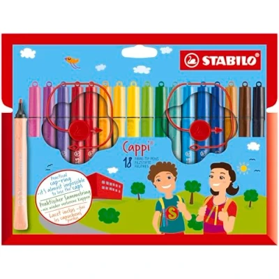 Imagen de Rotulador escolar con sujeción triangular STABILO Cappi Estuche de 18 colores Incluye anilla para no perder los tapones