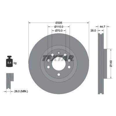 Imagen de TEXTAR PRO 92155403 Disco de freno 305 28 05/08 110 ventilación interna revestido sin perno sujeción rueda, buje rueda