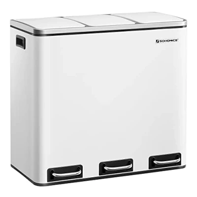 Imagen de SONGMICS Cubo de Basura para Cocina, 3 x 18 L, Compartimentos Reciclaje, Residuos, Restos Comida, Tapas Cierre suave, Pedales, Cubetas, Acero, Blanco Nube LTB54WT