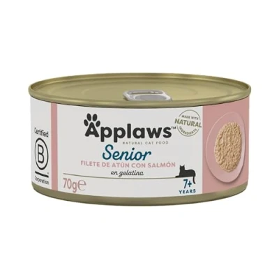 Imagen de Applaws 1030NE A Natural alimento húmedo completo para gatos mayores, atún con salmón en caldo, lata de 70 g (paquete 24)