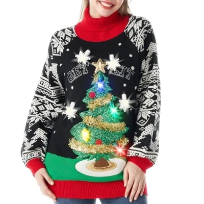 Imagen de JOYIN Mujer Resplandor suéter Feo Vestido Largo con Divertido árbol de Navidad 3D y Bombillas Novedad, Negro Manga Larga patrón Punto, Negro, M