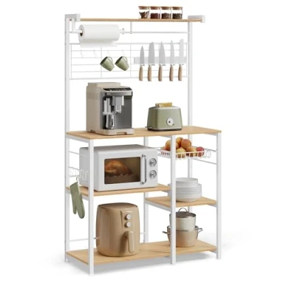 Imagen de VASAGLE Estantería de Cocina, Soporte para Panadería, Isla Cocina con Tira Magnética Cuchillo, Cesta Alambre, Papel 12 Ganchos, Roble Dorado y Blanco KKS026Y09