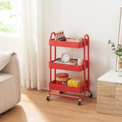 Imagen de [en.casa] Carro de Servicio con 3 Cestas Base Malla Metálica Estantería Baño 4 Ruedas Carrito Cocina Multiusos Versátil Resistente Acero 79 x 46 35 cm Rojo