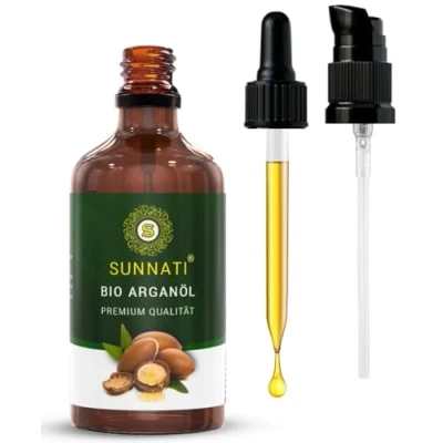 Imagen de Sunnati® aceite de argán orgánico prensado en frío para cara, piel y cabello, 100 ml, sin silicona, 100% puro vegano, botella cristal con pipeta bomba