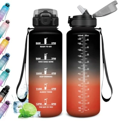 Imagen de KollyKolla Botella Agua 1.5L, Motivadora, de con Pajita, Prueba Fugas, Reutilizable Cantimplora para Adulto, Colegio, Gimnasio, Oficina, Bicicleta, Gym, Fitness
