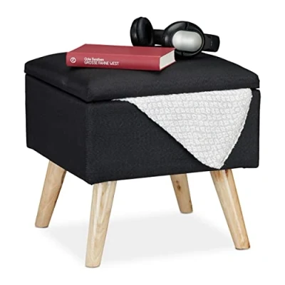Imagen de Relaxdays Taburete Bajo, Puff Asiento Almacenaje, Baúl Almacenamiento, 1 Ud, Madera Tela, 40 x cm, Negro, Poliéster