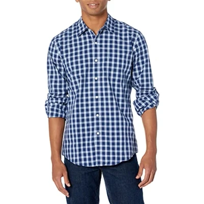 Imagen de Amazon Essentials Camisa de Popelín Manga Larga y Ajuste Entallado Hombre, Azul Marino Blanco Cuadros Escoceses, XL