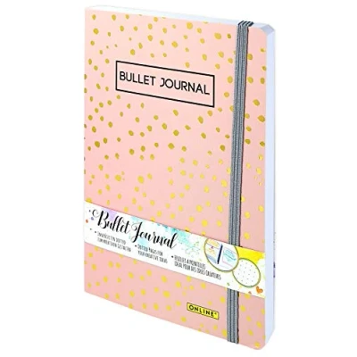 Imagen de Online Bullet Journal Cuaderno con tapa blanda, banda elástica, DIN A5, papel FSC de 120 g/m², 144 páginas punteadas, anotador para escribir, hacer caligrafía y dibujar, diseño Spotlights Rose