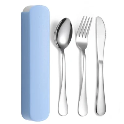 Imagen de JIEYUCHU Cubiertos Camping, 3PCS Camping de Acero Inoxidable, con cuchara, Tenedor y Cuchillo, Resistente a la Oxidación para llevar al Trabajo, Viaje, Acampadas (Azul)