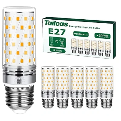 Imagen de Bombilla Led E27 12W, Blanca Cálido 3000K 1000lm Maiz Luz Equivalente Lámpara Halógena de 100W, AC 230V, Pequeño Tornillo Edison Bombillas Cálida, No Regulable, 6 unidades
