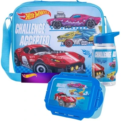 Imagen de Get Trend Hot Wheels Bolsa Termica Infantil con Fiambrera Almuerzo Botella Agua Niños Set de 3 Piezas Merienda Botellas Loncheras (Azul Wheels)