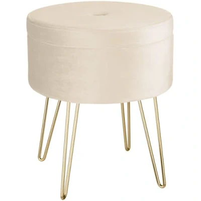 Imagen de TecTake® Elegante Taburete Redondo Aterciopelado con Espacio de Almacenamiento, Capacidad Carga 300 kg, Mueble Auxiliar Dormitorio, Puff Salon, almacenaje Crema