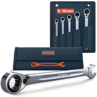 Imagen de PRESCH llaves fijas con carraca reversibles 5 uds (8, 10, 13, 17, 19mm) bolsa Ángulo de retorno mínimo (4, 90 dientes) Juego duraderas fresadas precisión