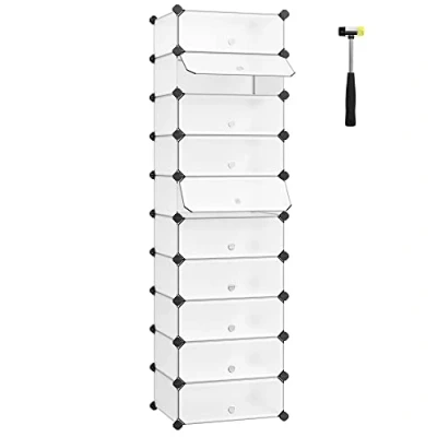 Imagen de SONGMICS Zapatero Modular con 10 Compartimentos, Estantería de Plástico, Cajas DIY, Puerta, Martillo, Marrón Rústico LPC010A01