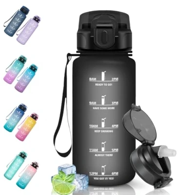 Imagen de Motswedi Botella Agua, 500 ml Sin BPA, Agua Niños con Pajita, Reutilizable, Gimnasio, a Prueba de Fugas, Cantimplora para Gym, Oficina, Escuela, Yoga, Negro