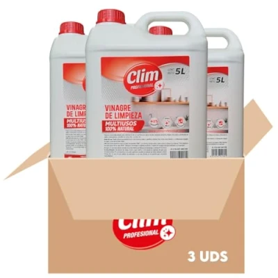 Imagen de Clim Profesional Vinagre de Limpieza Multiusos para el Hogar. Desengrasante, Antical, Abrillantador Limpiador natural y Concentrado. Caja 3 Botellas 5 Litros