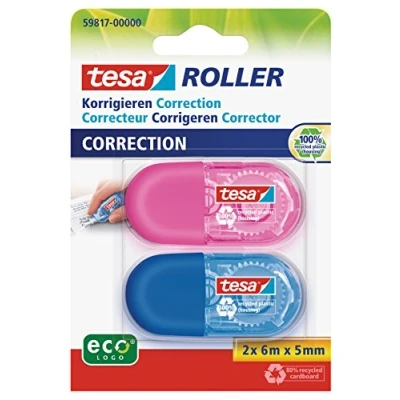 Imagen de tesa Mini Roller Corrector ecoLogo, Paquete de 2 Cintas Correctoras Ergonómicas Pequeñas Azul y Rosa, Dimensiones la Cinta 6 m x 5 mm