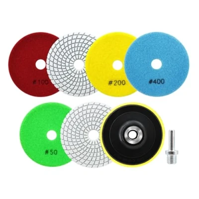 Imagen de SANLEETEK Almohadillas de Pulido Diamante 6piezas 100mm Disco Pulir Grano 50x2/100x2/200/400 con M14 Plato Apoyo+Adaptador para Granito Mármol Piedra Artificial Cuarzo