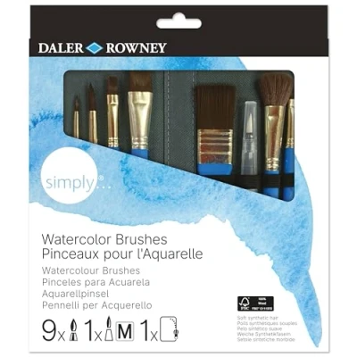 Imagen de Daler Rowney Simply pinceles para Acuarela, Pelo sintético suave, Mango Corto, Estuche con cremallera, Surtido de 10