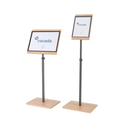 Imagen de ROCADA Soporte para Información DIN A3 Atril carteles Expositor premium Estructura metálica sistema de sujeción magnético ajustable en altura acabados madera