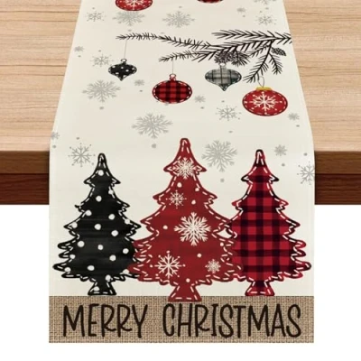 Imagen de Camino de Mesa Navidad, Table Runner Lino Navideño Lavable Tapete Comedor Navidad con Patrón Árbol para Decoracion 183 x 33 cm