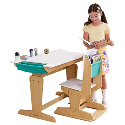 Imagen de KidKraft Grow Together Mesa Escritorio y Silla Ajustables de Madera para Niños con Bolsillo Almacenamiento, Infantil, Muebles Salas Juego Dormitorio (20307)