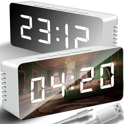 Imagen de Retoo Despertador Digital LED portátil con Espejo y Brillo Ajustable, de Viaje Alarma Dual e indicador Temperatura, Reloj Mesa Recargable por USB Funciona Pilas