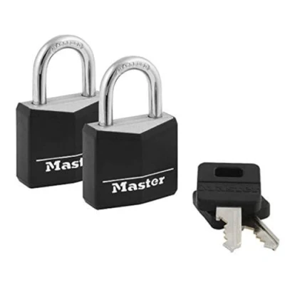 Imagen de Master Lock candados de aluminio cubiertos, cerraduras pequeñas con llaves, iguales llave, paquete 2, negro