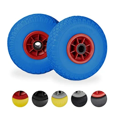 Imagen de Relaxdays 10026070_959 Ruedas de carretilla caucho macizo, llantas plástico, máx.80 kg, azul rojo, EJE 25 mm, 260 x 85 juego 2