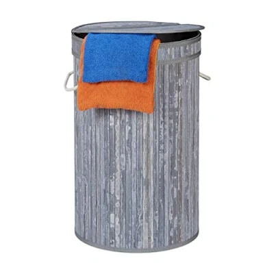 Imagen de Relaxdays Cesto Ropa Sucia con Tapa, Cubo Colada Plegable, Redondo, Bambú, 65 litros, Ø 40 cm, Gris