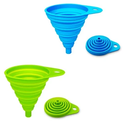Imagen de Paquete de 2 embudos plegables silicona, flexible/plegable/embudo cocina para botella agua, transferencia líquidos, boca estrecha y ancha tolva (verde azul)