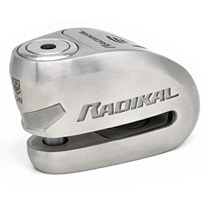 Imagen de RADIKAL RK910S Candado Moto Disco Alarma X2 ON, Homologado Sra, Cerradura Alta Seguridad Antitaladro y Antiganzúa, Doble Cierre 10mm, Pila Larga Duración, Acero Inoxidable, Pinza Antirrobo Scooter