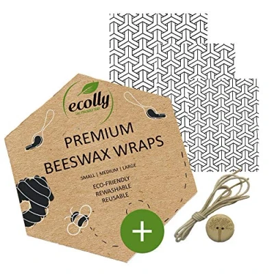 Imagen de ecolly Toallitas de cera abejas Juego 3 (S, M, L), Papel abejas, Premium Beeswax Wraps, sin plástico y reutilizable, aceite jojoba Shoji Kumiko