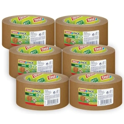 Imagen de tesapack Papel ecoLogo Cinta de Embalaje Amigable con el Medio Ambiente, 60 Prozent Material Origen Biológico Marrón 50 m x mm, Paquete 6 Cintas