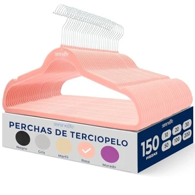 Imagen de SereneLife Juego de 150 Perchas Terciopelo, Ropa Delgadas Resistentes Que ahorran Espacio con Gancho Metal Giratorio 360 Grados, Puede soportar hasta 10 Libras. para