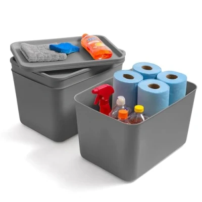 Imagen de Iris Ohyama, Set de 3 cajas Almacenaje Plástico con Tapa, Apilables, para Cocina, Baño, Dormitorio, Armario, Oficina, Organización Sólida y Sostenible, SNL MD